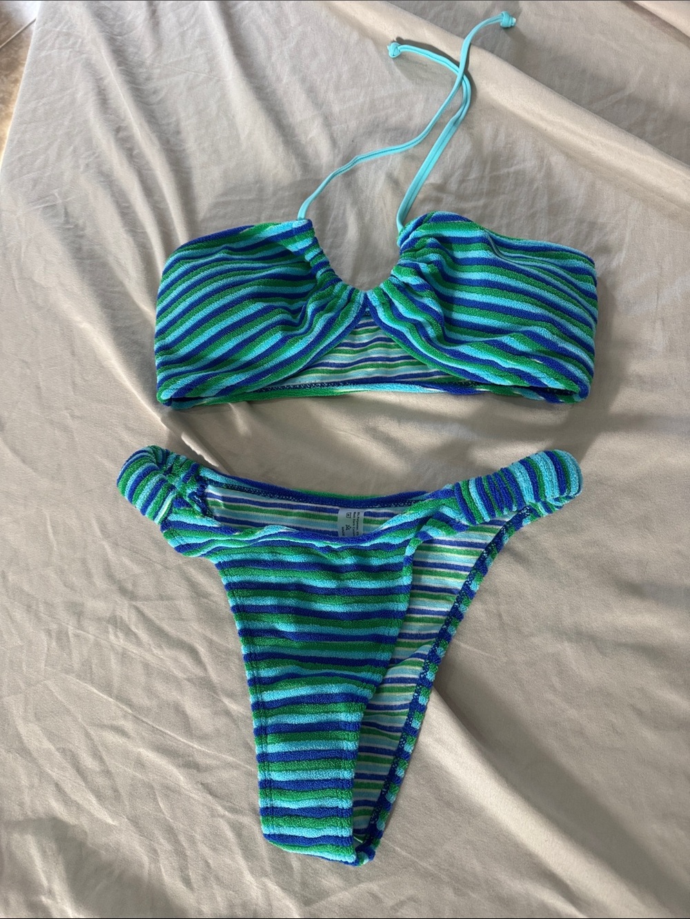 SHEIN Blue & Green Striped Bandeau Bikini Set
